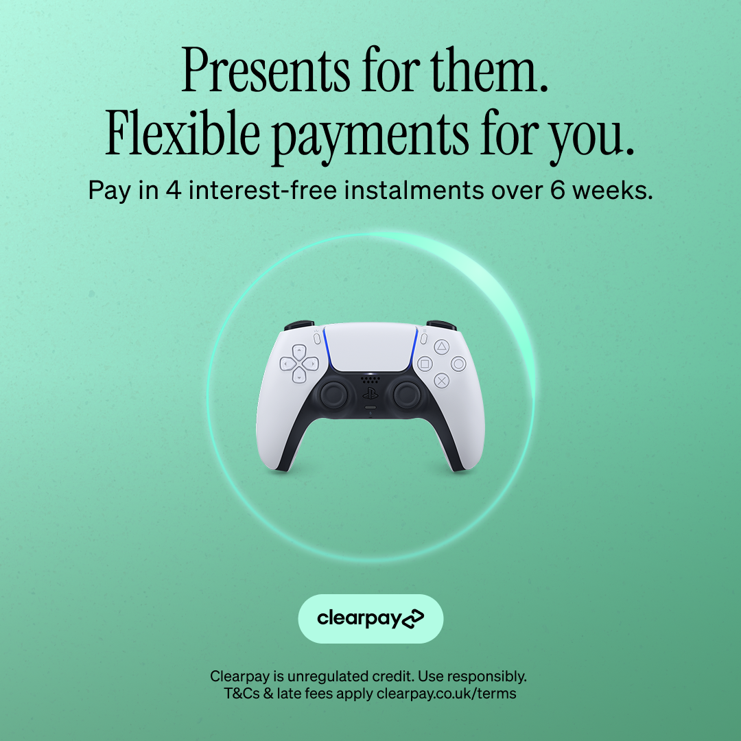 Promotional graphic for Clearpay, featuring a PlayStation 5 controller and text about flexible payments and interest-free installments over 6 weeks.