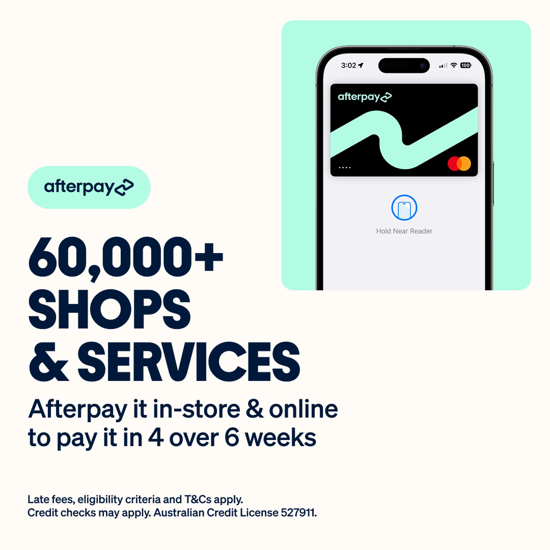 Promotion for Afterpay, highlighting access to over 60,000 shops and services. Features an iPhone screen displaying a digital wallet with a contactless payment sign and a Mastercard logo, with text about paying in four installments over six weeks.