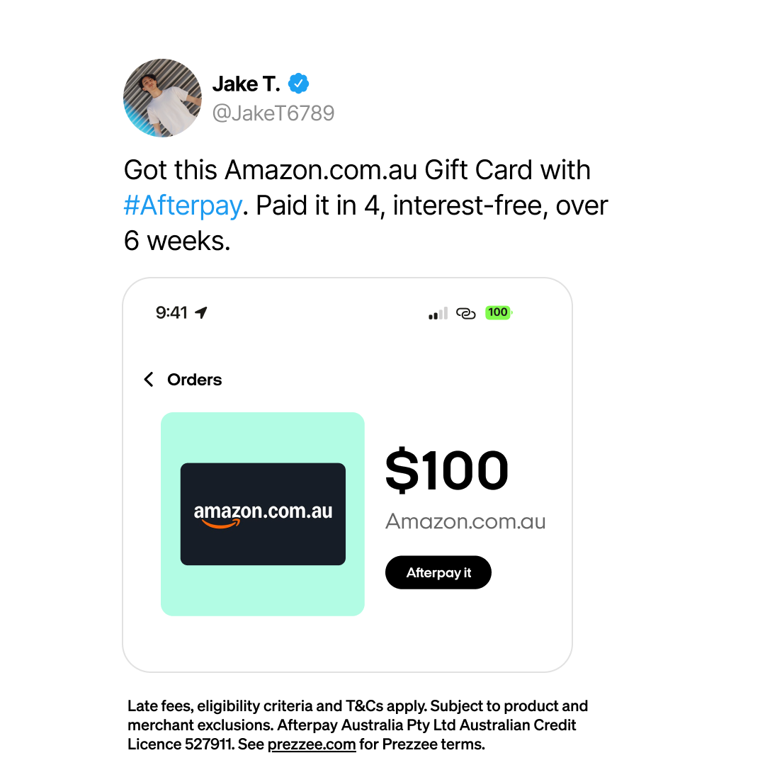 Screenshot of a tweet from Jake T. showing a $100 Amazon.com.au gift card and mentioning Afterpay, with a note about paying in 4 interest-free installments over 6 weeks.