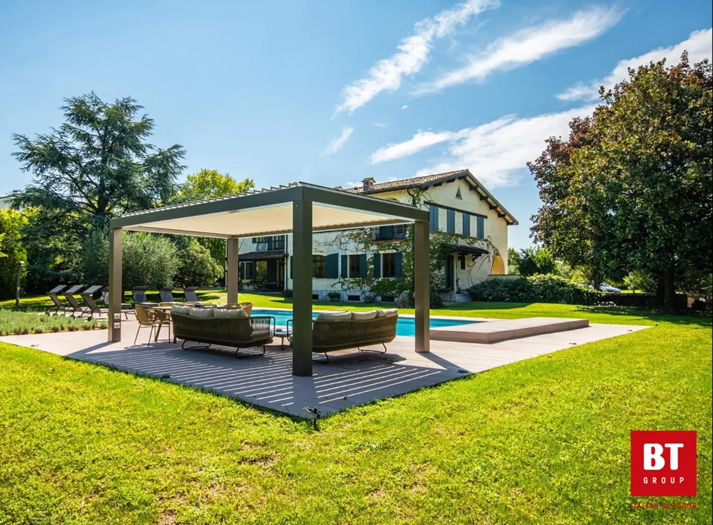 A backyard with a patio, outdoor furniture, a pool, and a large house surrounded by trees and green grass under a blue sky with some clouds.