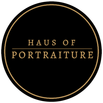 Black circular logo with gold text that reads 'Haus of Portraiture'.