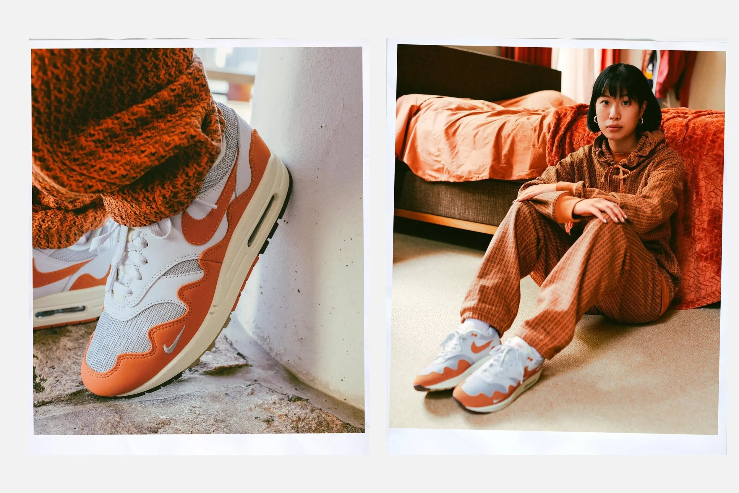 Close-up of a person wearing orange and white Nike sneakers and orange textured pants, standing on a concrete surface next to a white wall. In the second photo, a woman with short black hair wearing a brown matching textured hoodie and pants, sitting on the floor with her back against an orange textured bedspread in a cozy room.