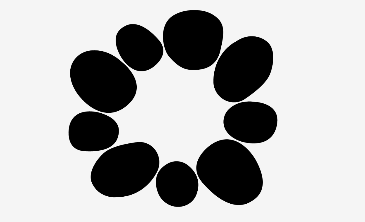 A black and white abstract graphic featuring a circular shape made of ten solid black ovals arranged in a ring on a light gray background.