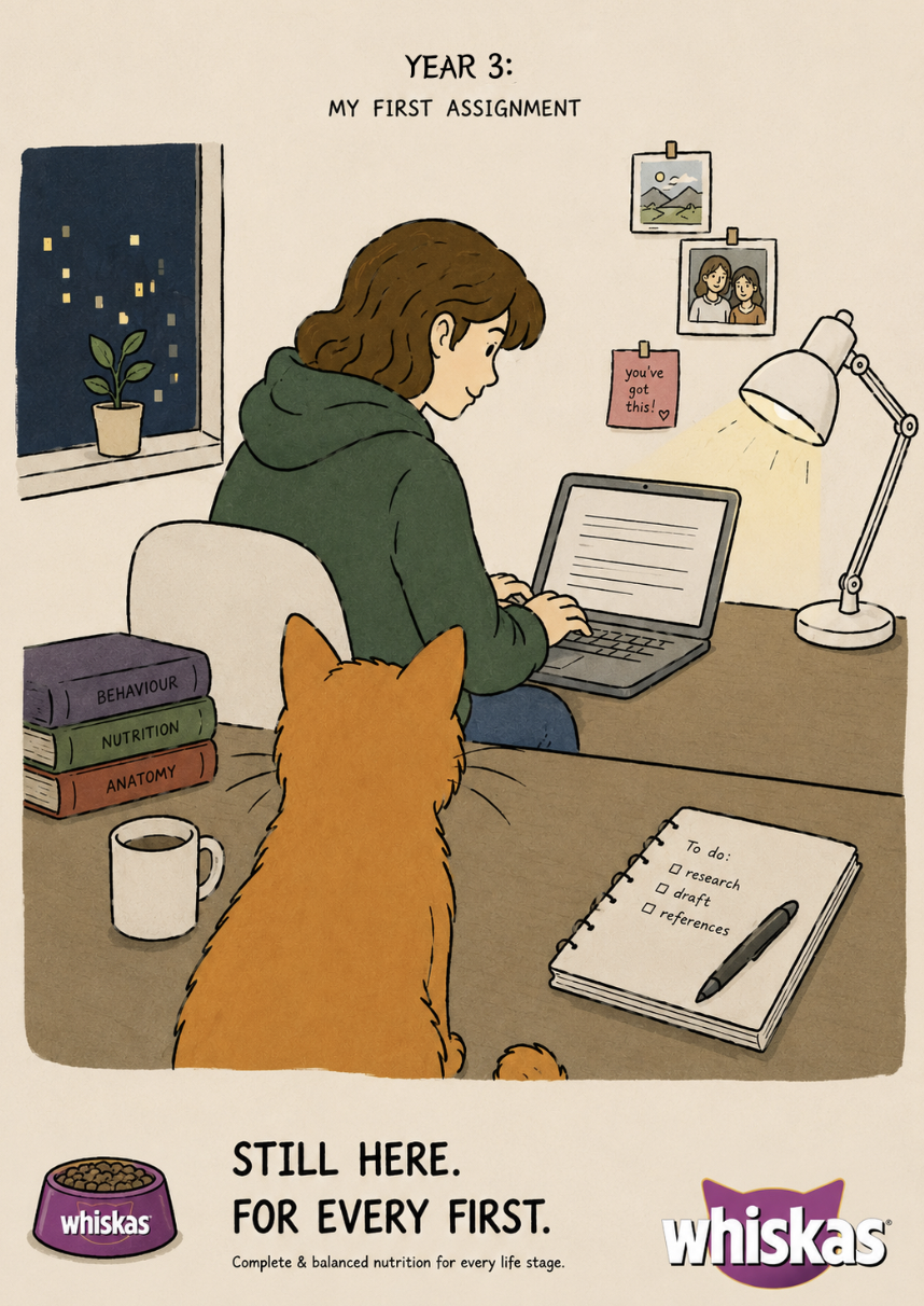 Insight: When people worry about their pet’s health or longevity, they respond more strongly to emotional proof than clinical reassurance.
Idea: Show a cat and owner growing older together through the major “firsts” of adult life.
Execution: “Still H