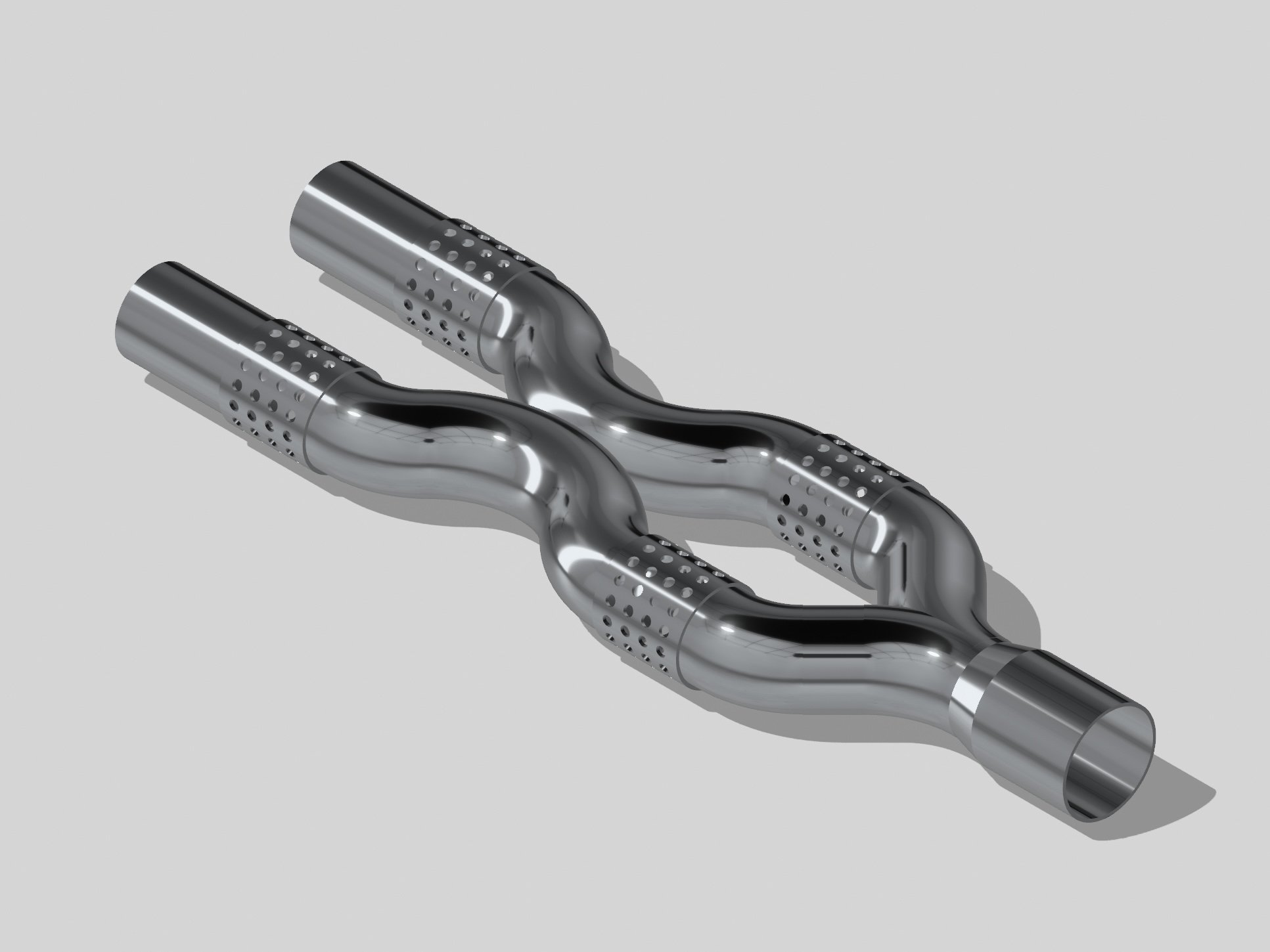 A shiny, metallic, multi-section exhaust pipe with perforations, curved design, and cylindrical openings at both ends.