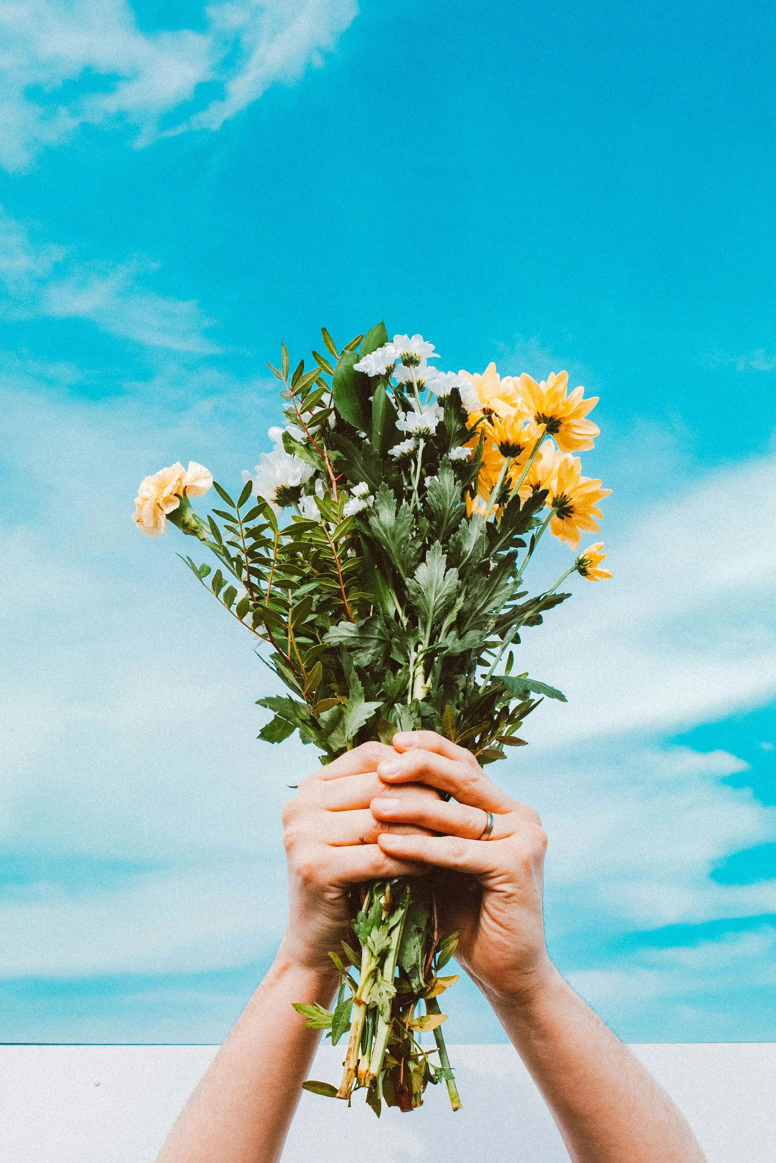 Two hands holding a bouquet of yellow and white flowers with green leaves against a blue sky with clouds.