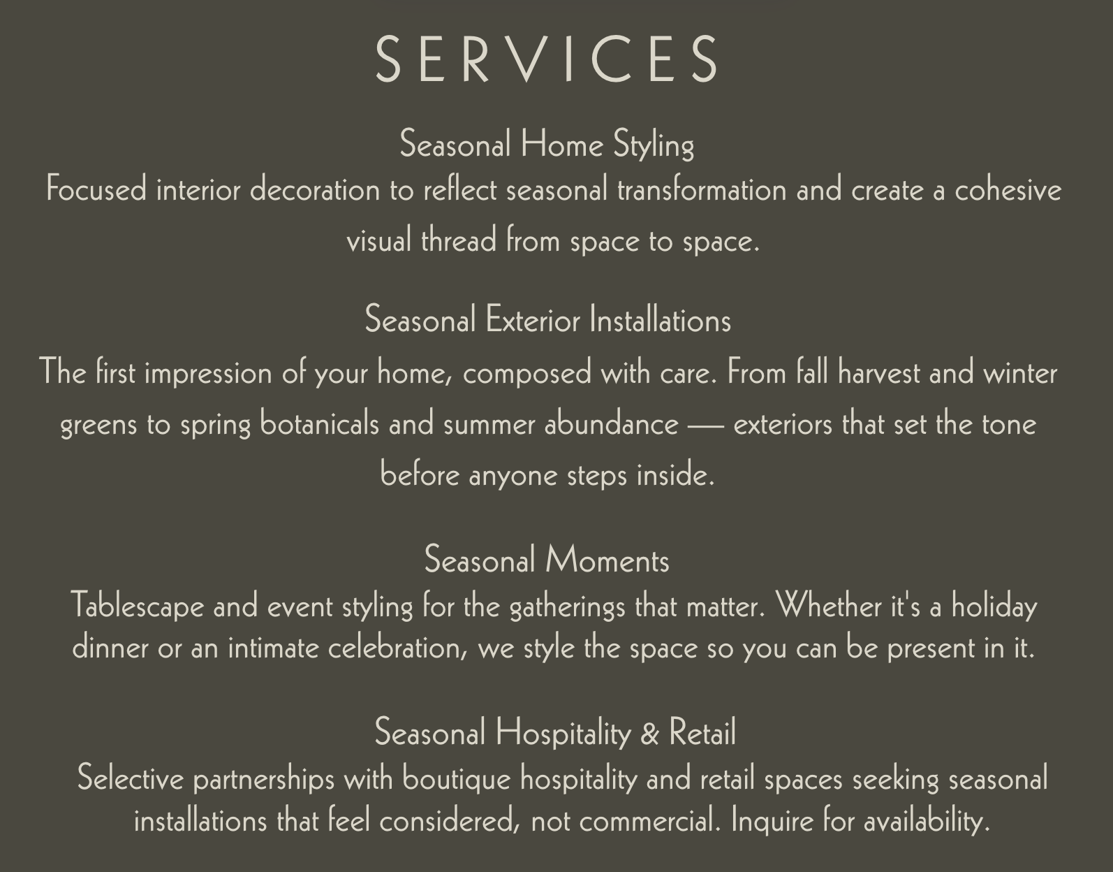 Text describing services offered, including seasonal home styling, exterior installations, moments, hospitality, and retail services, emphasizing seasonal themes and tailored interior and exterior decor.