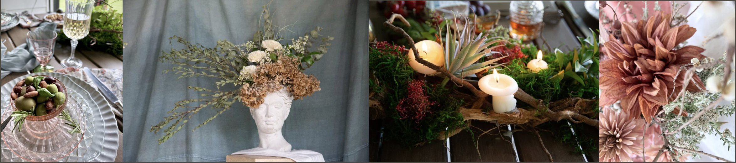 A collage of five images featuring decorative items and floral arrangements for a celebration or event, including a glass bowl with assorted candies, a floral sculpture with white flowers and green foliage, a table centerpiece with candles and greenery, a close-up of pink and orange flowers, and a table setting with wine glasses.