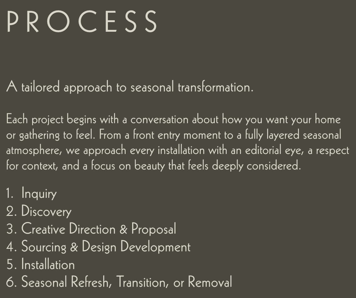 Text describing a process for seasonal transformation, outlining steps from inquiry to seasonal refresh, transition, or removal, emphasizing tailored and thoughtful approach.