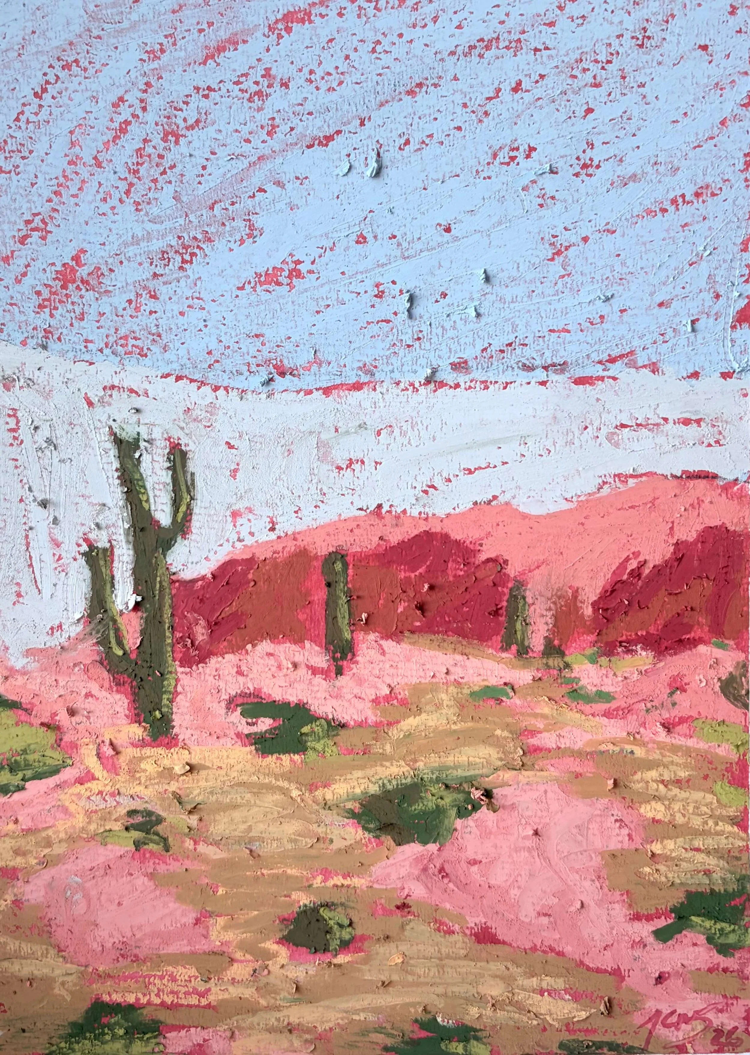 Pink Dessert Skies – 8x10, Oil Pastel on Hardboard