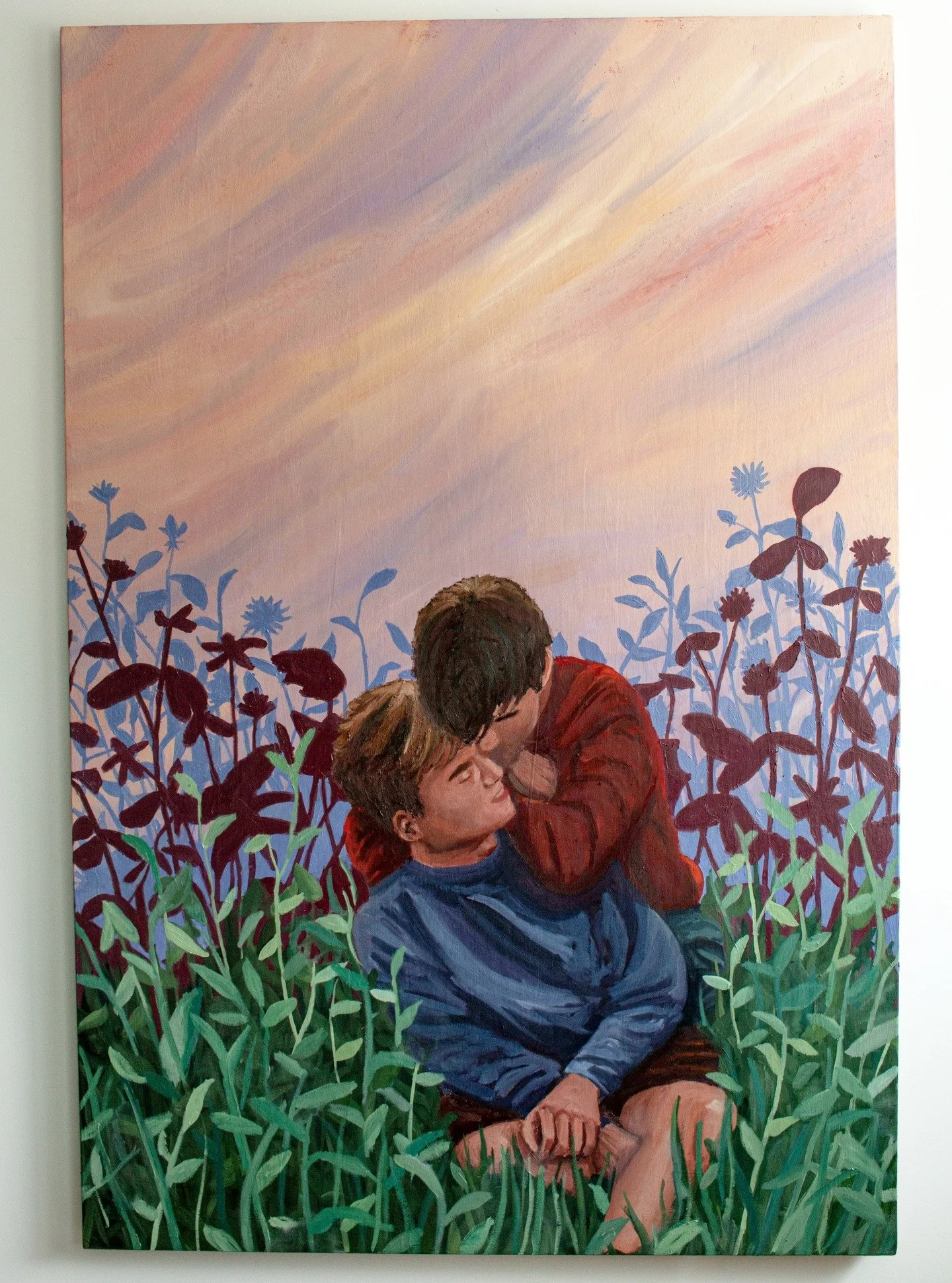 Halcyon Love
Oil on Canvas
72x48

I painted this in response to the Supreme Court decision to end the ban on Conversion Therapy. Queer people deserve to exist, and our love deserves to be celebrated, not shamed or prayed away. 

This work is about ca
