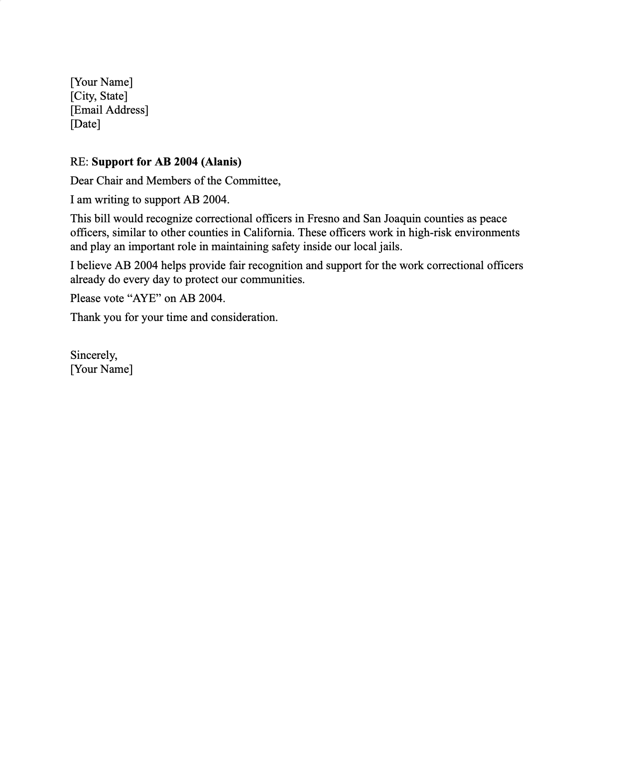 A letter supporting AB 2004, addressed to a committee, discussing the role of correctional officers in Fresno and San Joaquin counties and advocating for a vote in favor of AB 2004.