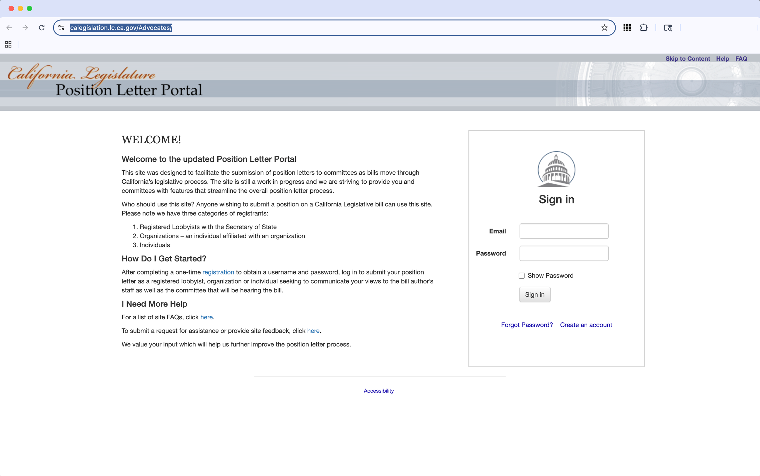 Screenshot of California Legislature Position Letter Portal webpage with login section, legislative information, and instructions for submitting position letters.
