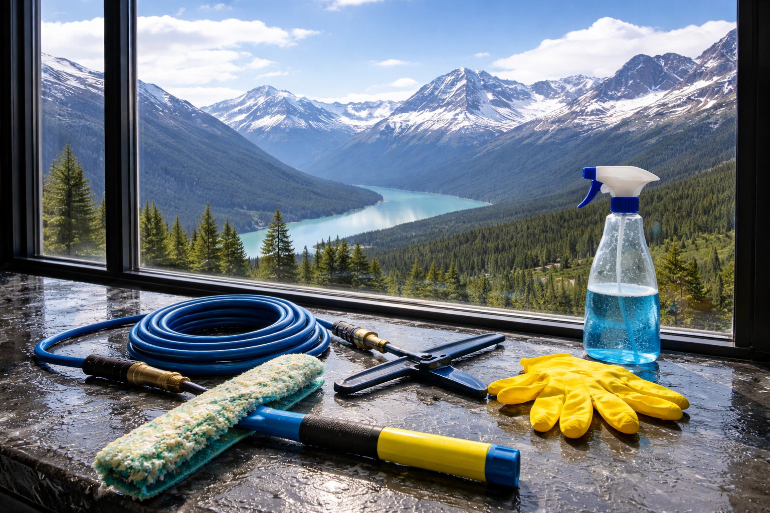Cleaning supplies and tools on a black marble windowsill with a scenic mountain and lake view outside.