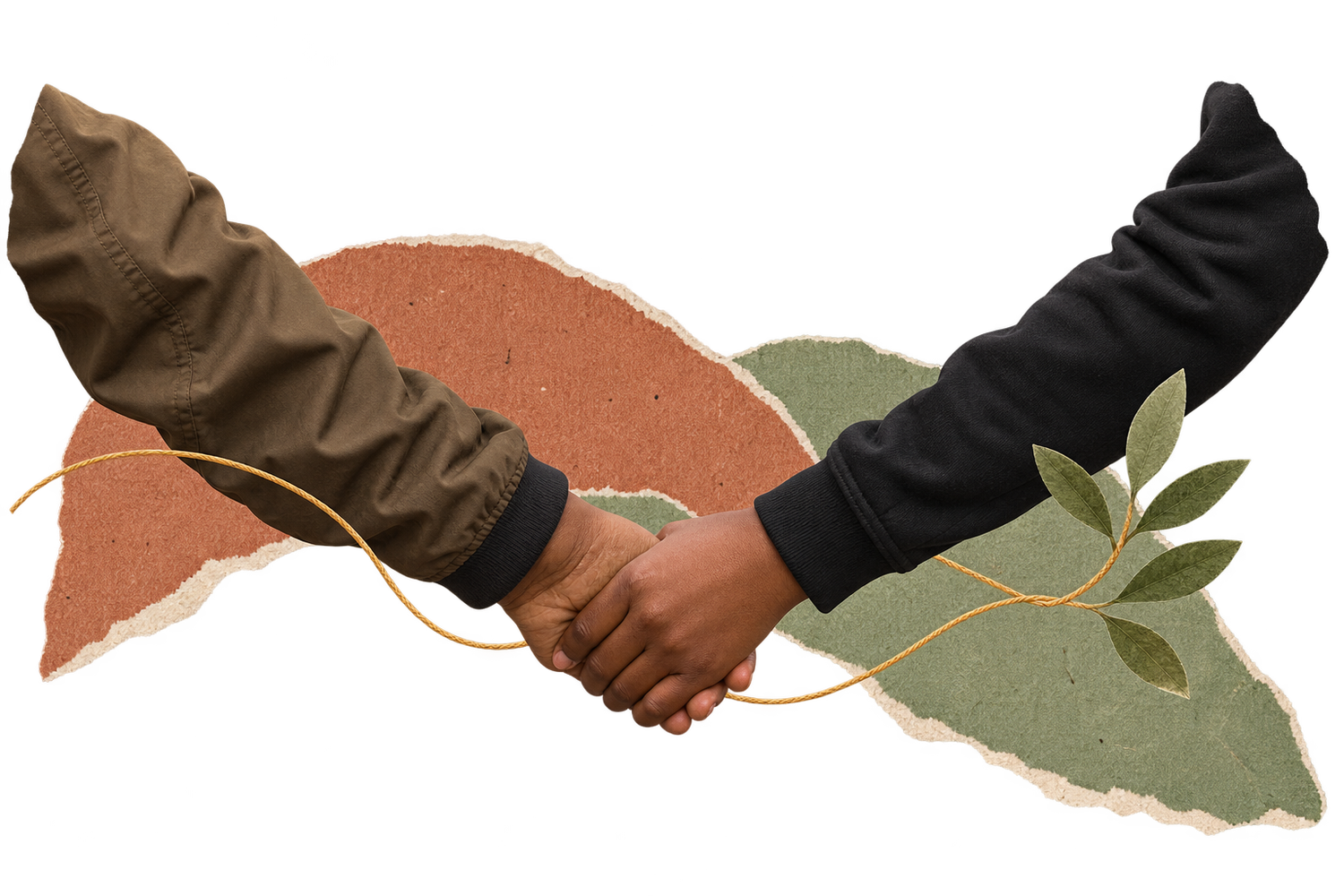 Collage of community members holding hands, with interwoven paper shapes and a connecting thread