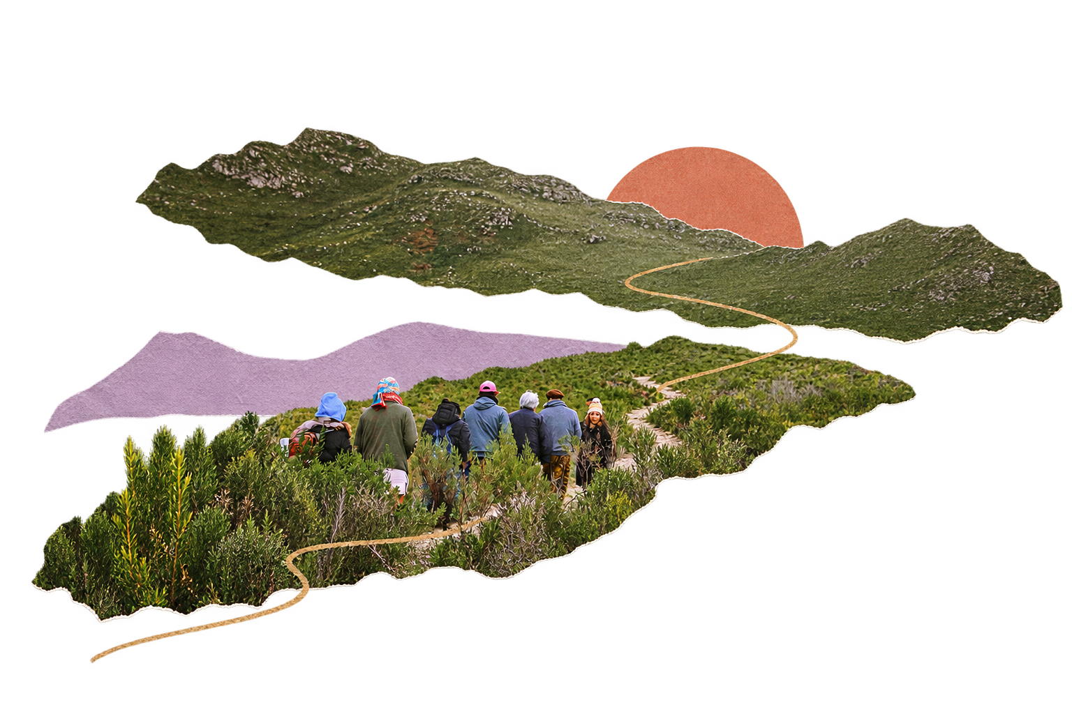 Community walkers following a winding path through green mountains