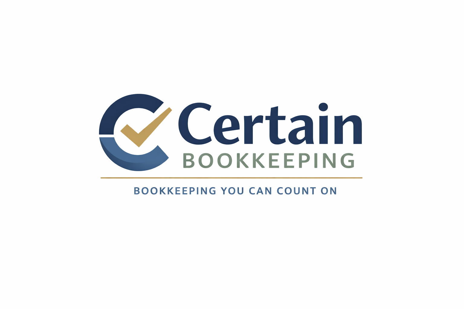 Logo of Certain Bookkeeping with a checkmark inside a circular design, the word 'Certain' in large blue letters, 'BOOKKEEPING' in smaller green letters, and the tagline 'Bookkeeping You Can Count On' in blue underneath.