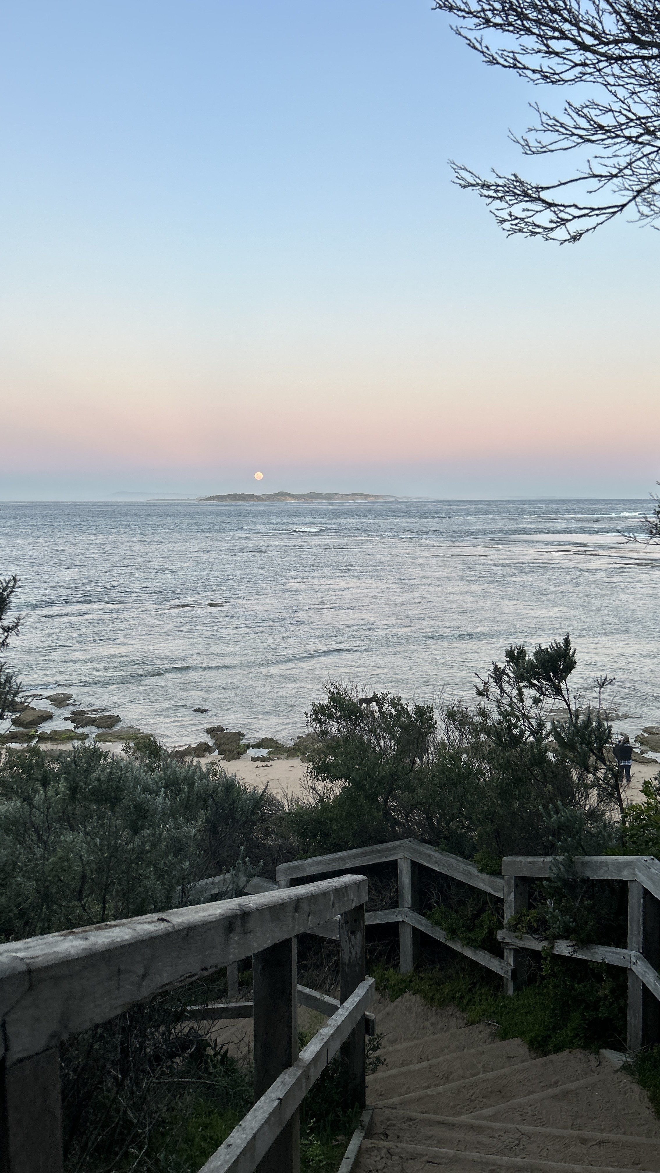 Sunset or sunrise over the ocean with a small island in the distance, seen from a wooden staircase leading down to the beach, with trees and shrubs in the foreground.