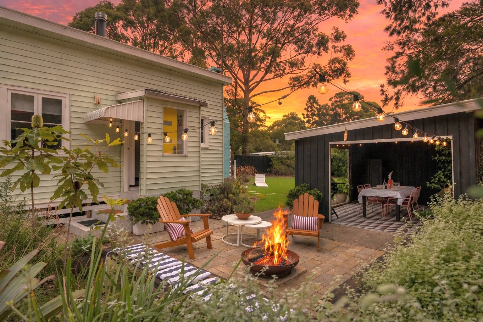 A backyard patio at sunset with string lights, a fire pit, outdoor seating, and a dining area under a black shed, surrounded by trees and greenery.