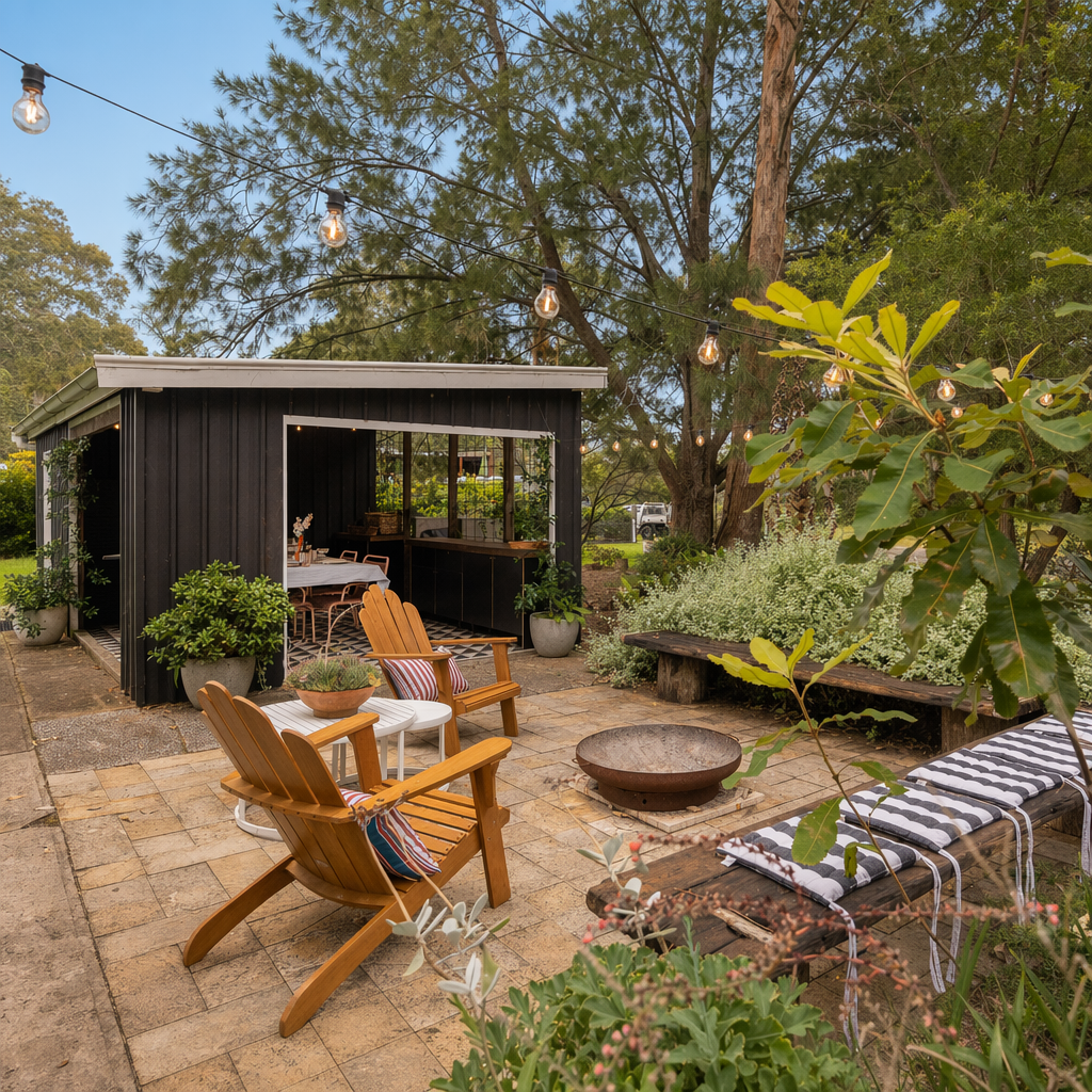 Outdoor patio with seating, potted plants, string lights, a black shed, and lush greenery.