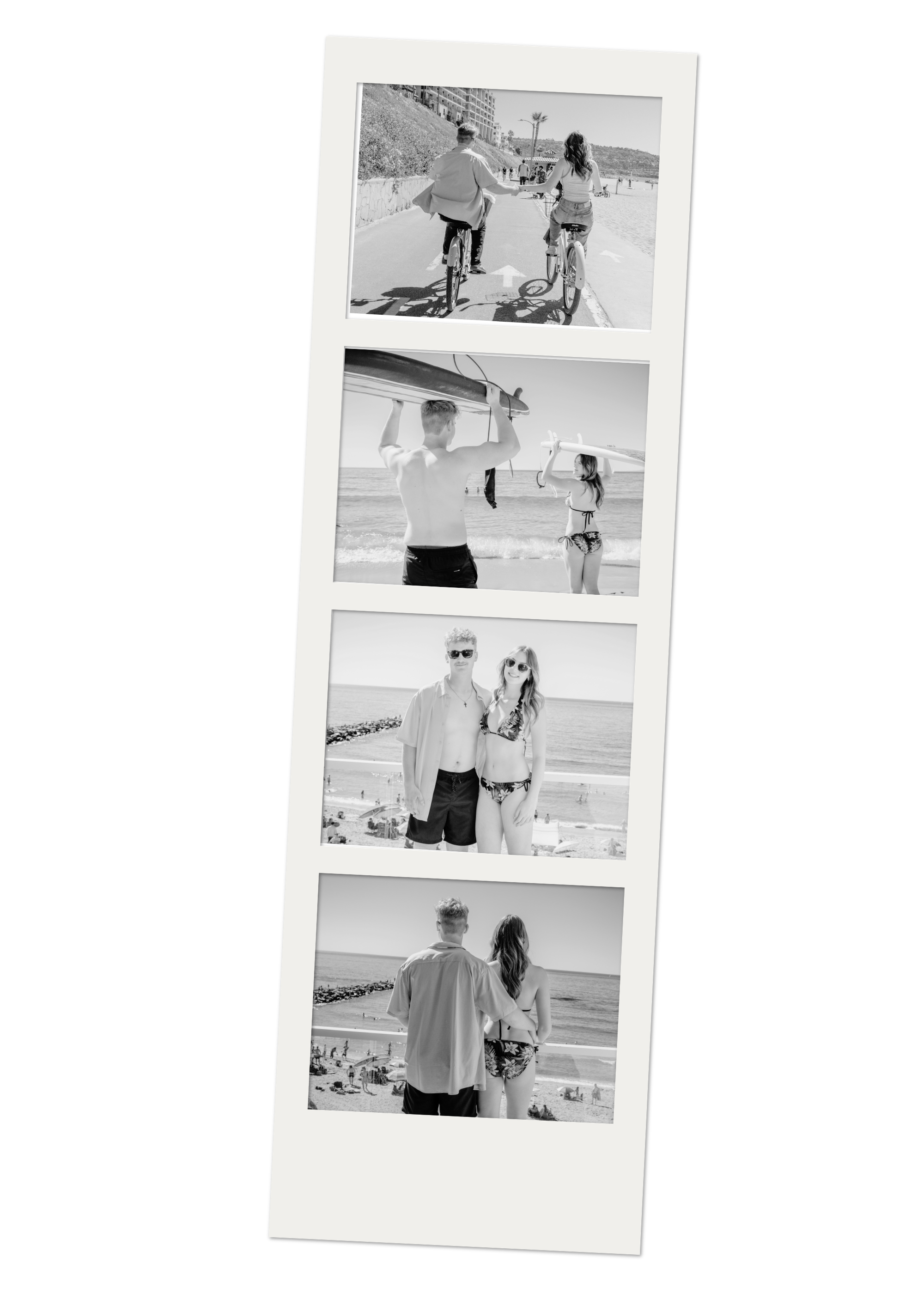 A collage of five black and white photos of a couple at the beach, walking, biking, and relaxing together.