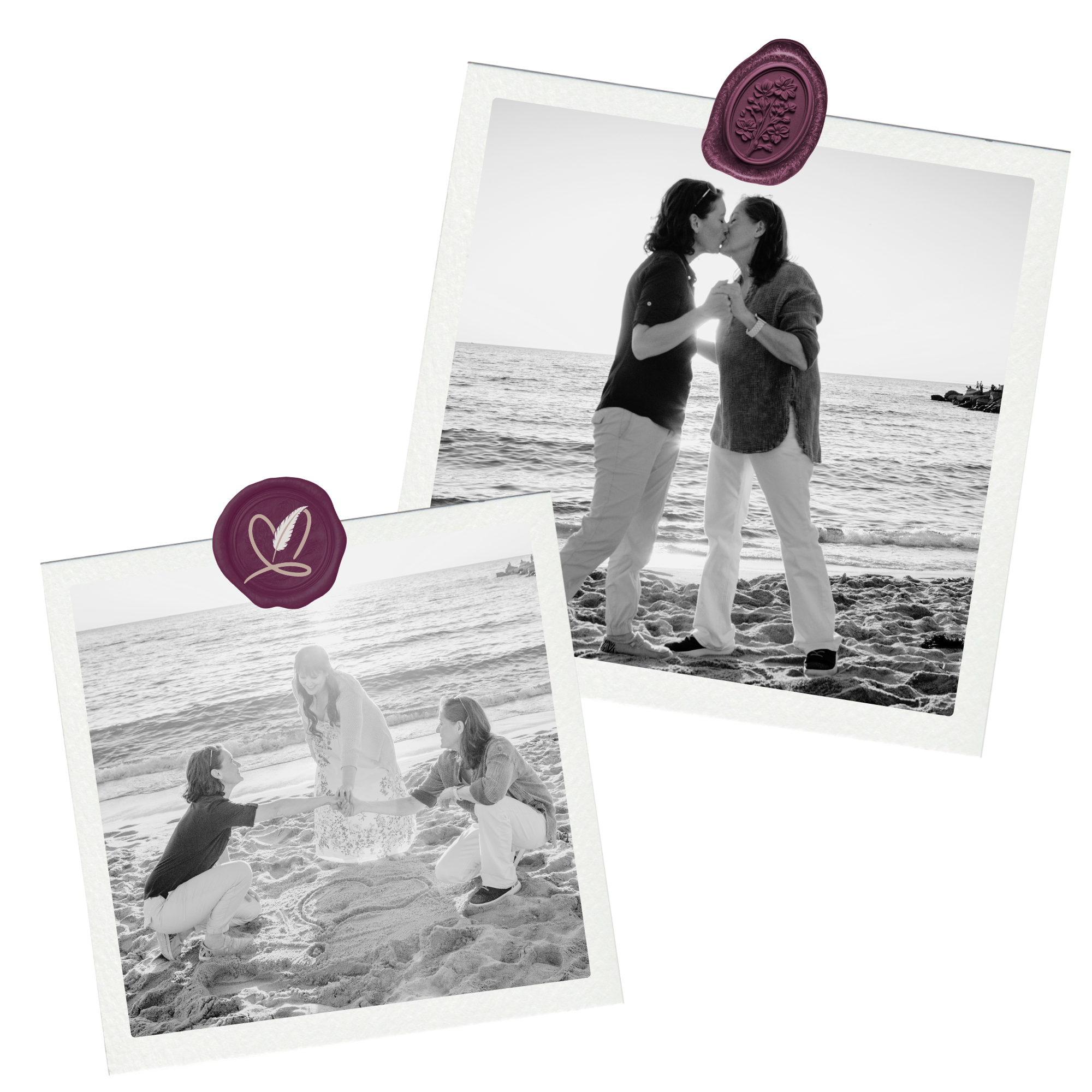 A couple kissing on the beach, with a photo of them, symbolizing love and connection during a couples retreat.