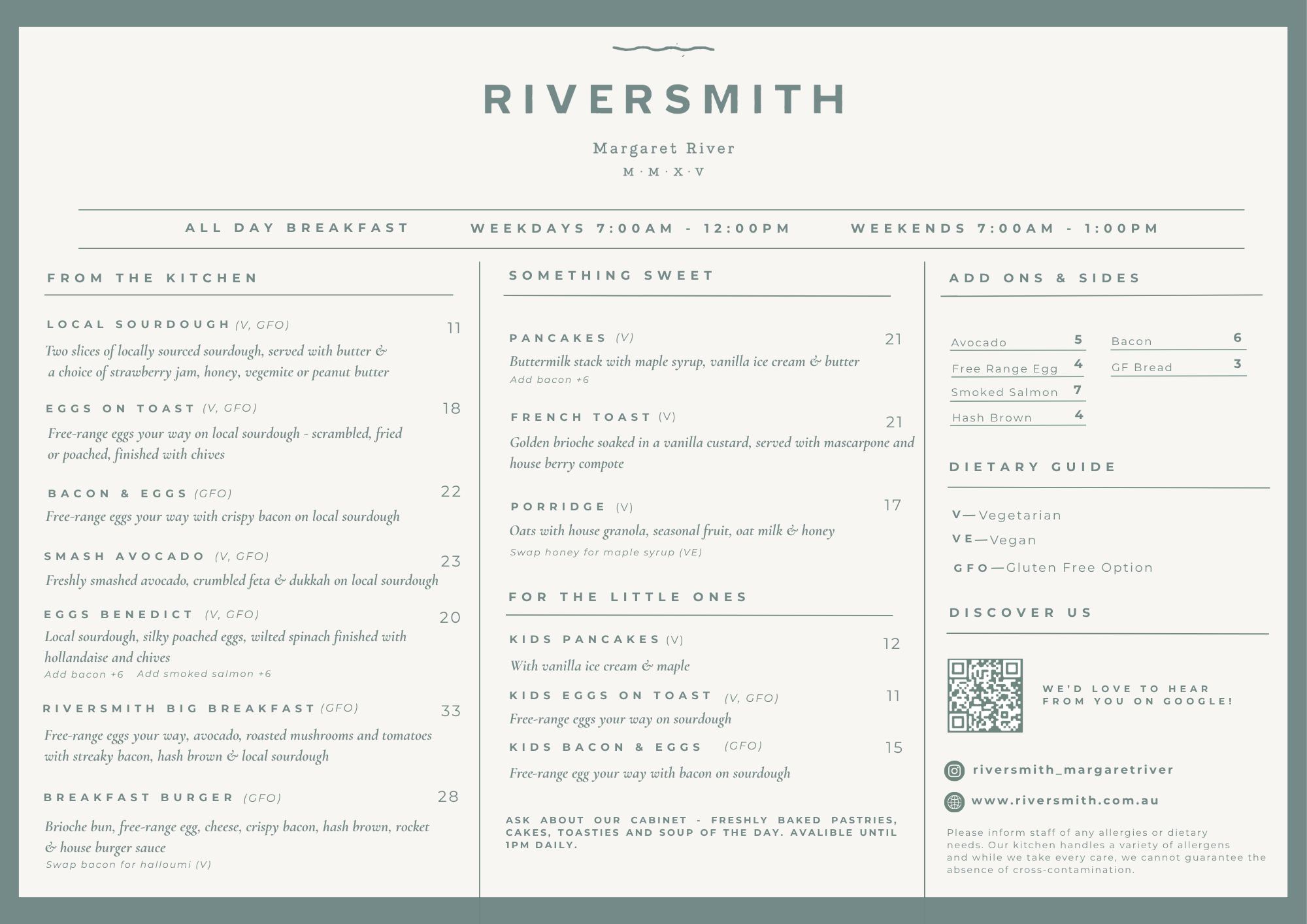 Margaret River's Riversmith Cafe all day breakfast menu