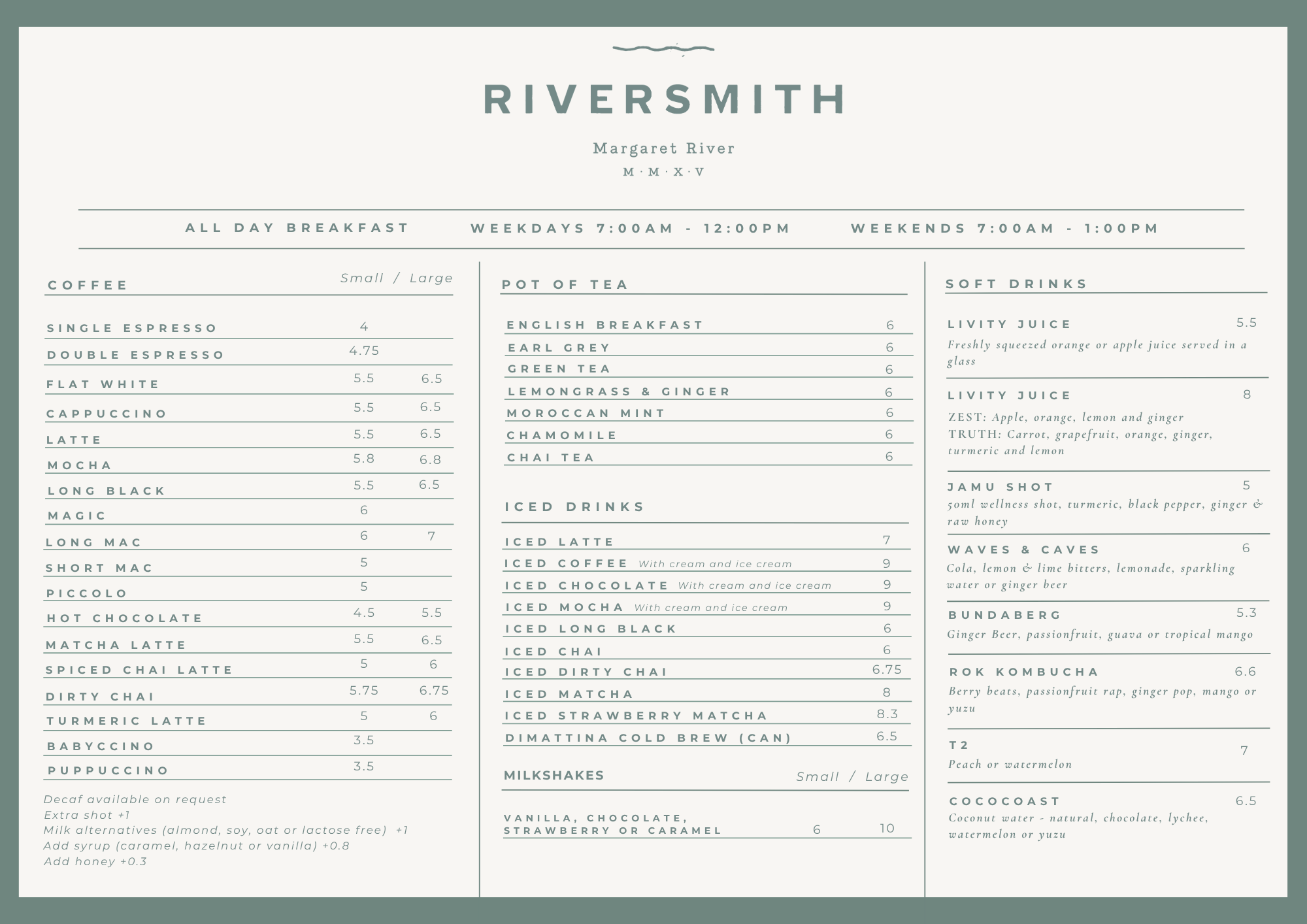 Margaret River's Riversmith Cafe coffee, tea and drinks menu