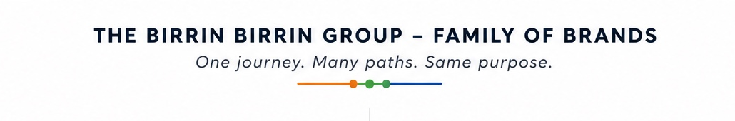 Text reading "The Birrin Birrin Group - Family of Brands" with a tagline "One journey. Many paths. Same purpose."