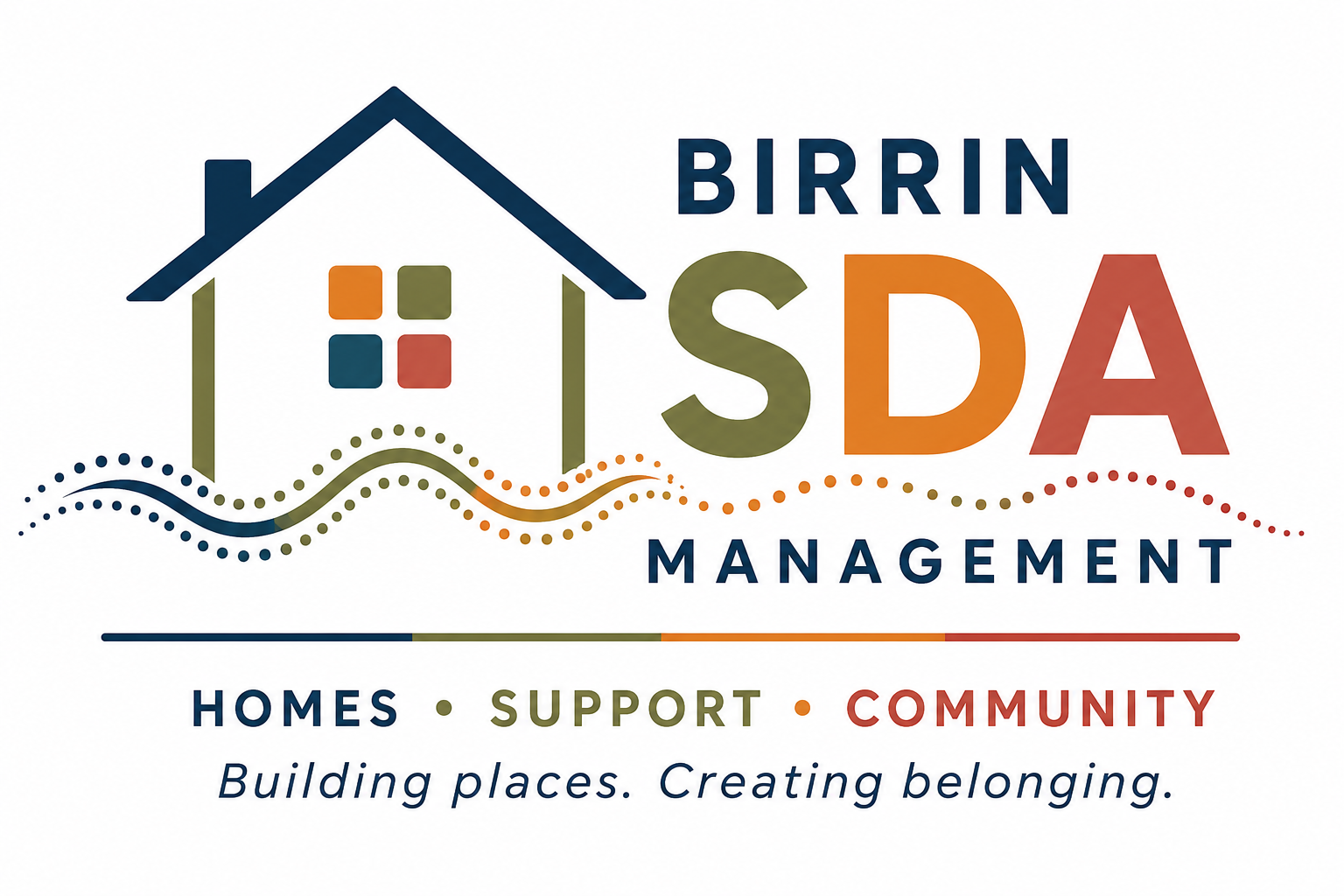Logo for Birrin SDA Management featuring a graphic of a house with colorful windows and hills, with the tagline "Building places. Creating belonging." and the words "Homes," "Support," and "Community" underneath.