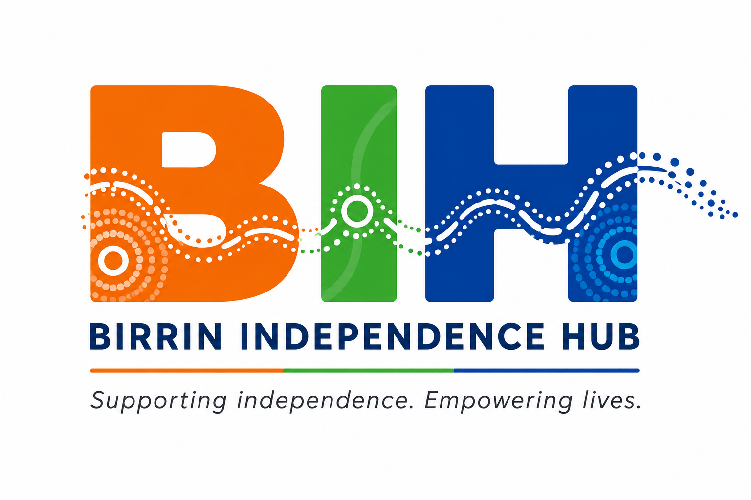 Logo of Birrin Independence Hub with colorful large letters BIM, featuring dotted and wave patterns, and the tagline 'Supporting independence. Empowering lives.'