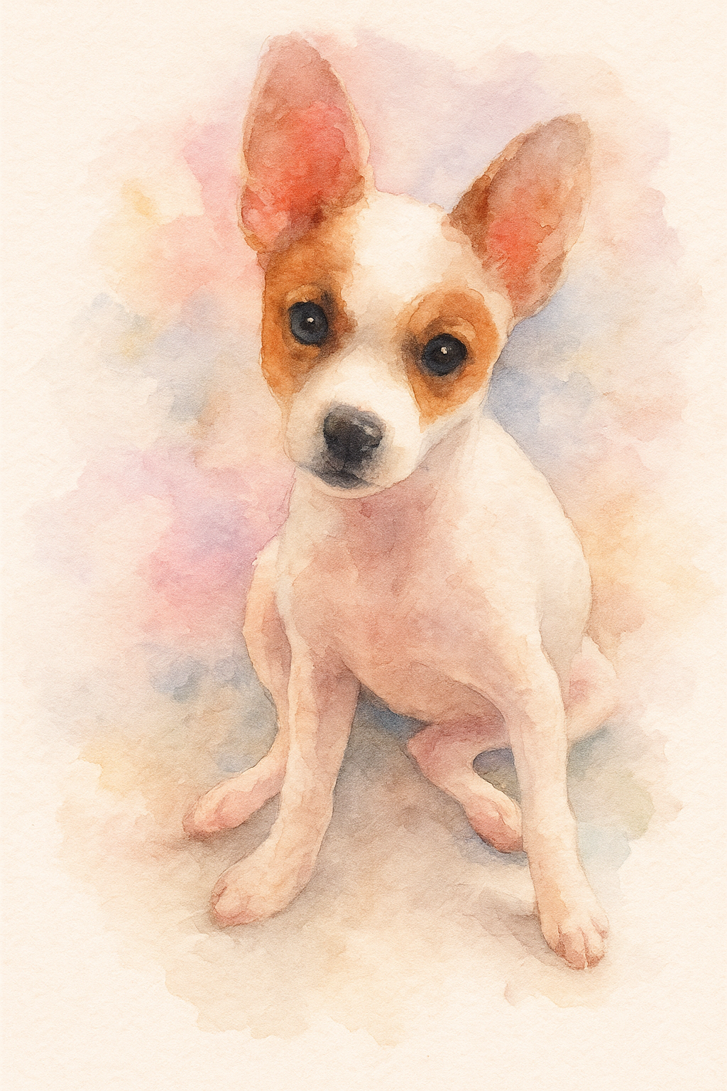 Watercolor painting of a small dog with large ears and brown and white fur, sitting on a soft background.