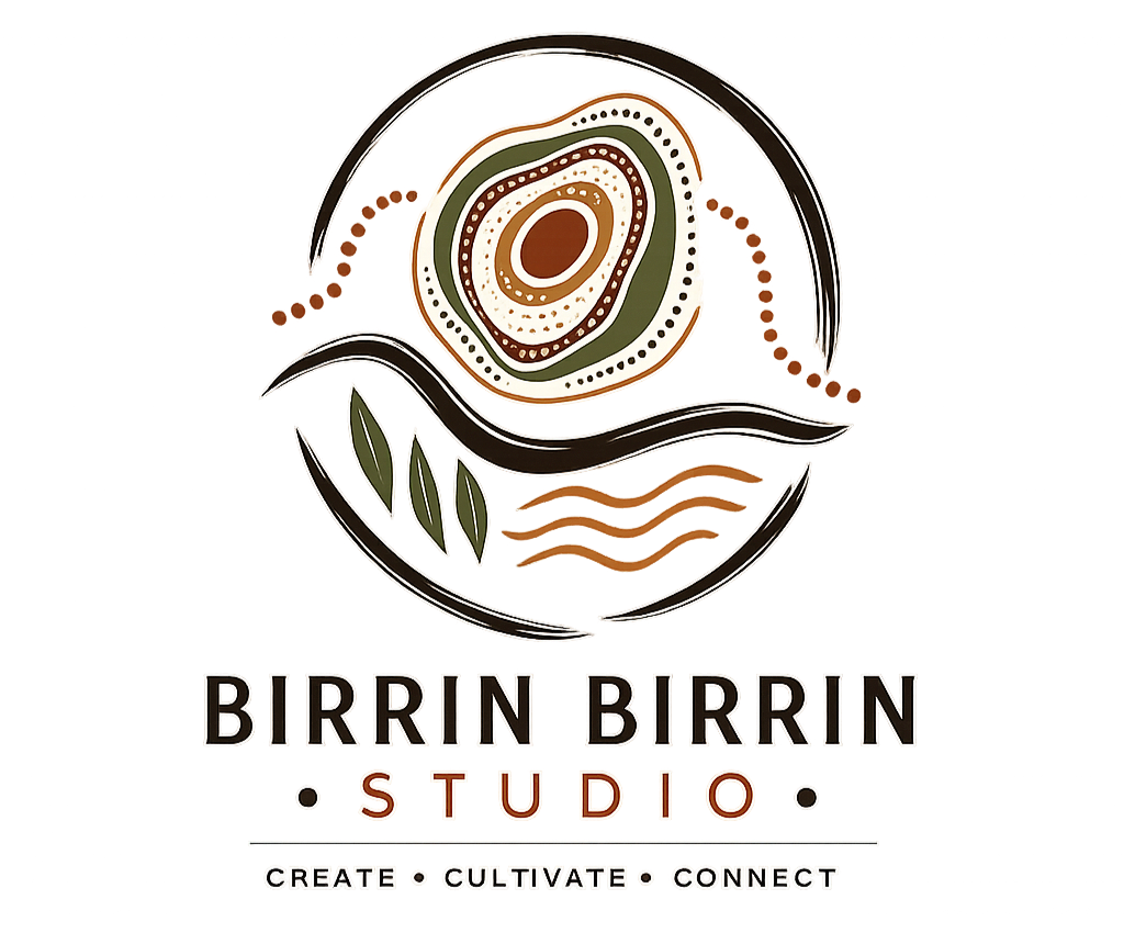 Logo for 'BIRRIN BIRRN Studio' with a stylized drawing of a bowl of food, featuring a spiral and various shapes, accompanied by the words 'Create, Cultivate, Connect'.