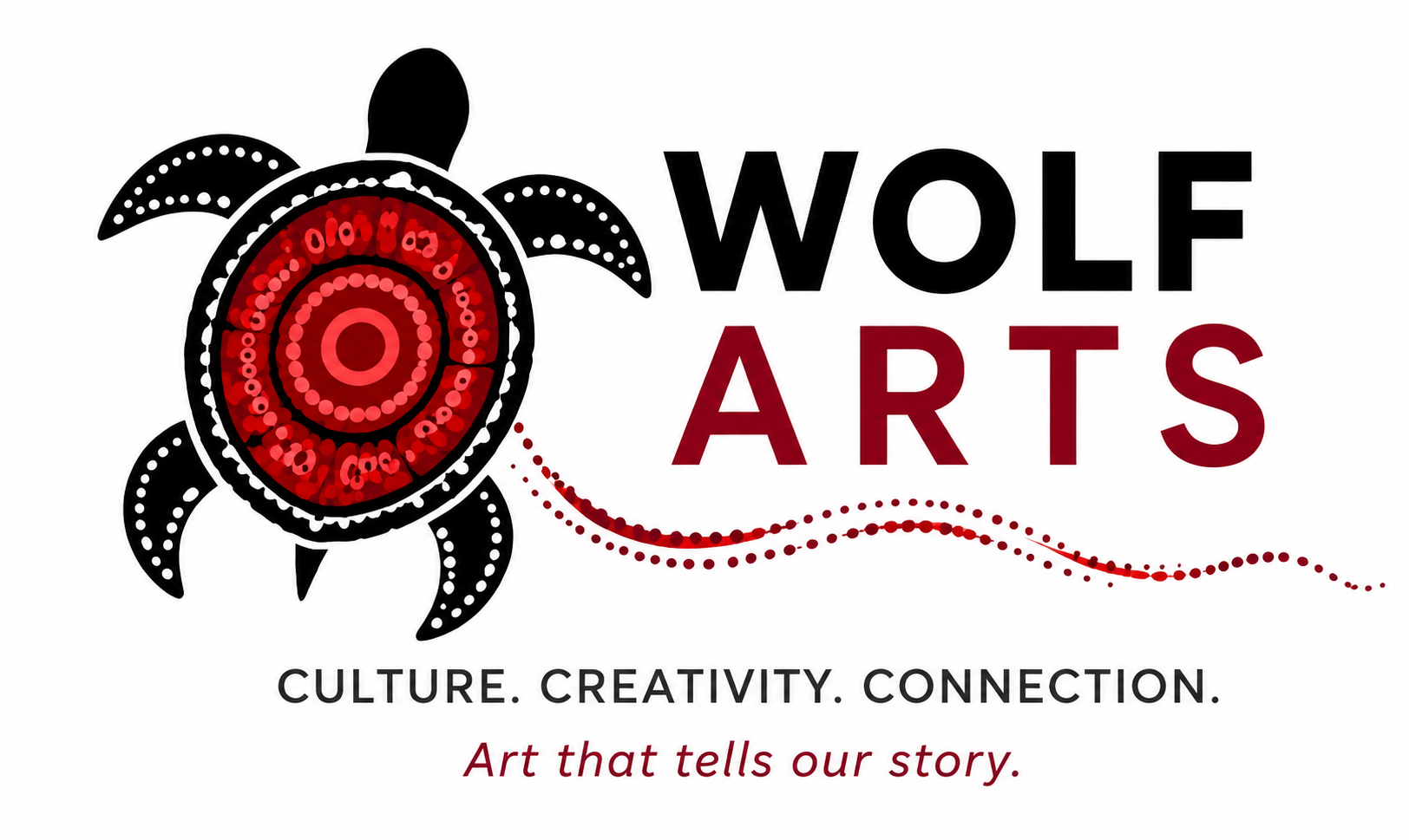 Logo for Wolf Arts featuring a stylized turtle with a decorative shell, surrounded by dotted lines and the text 'WOLF ARTS' with the tagline 'Culture. Creativity. Connection.' and the subtitle 'Art that tells our story.'