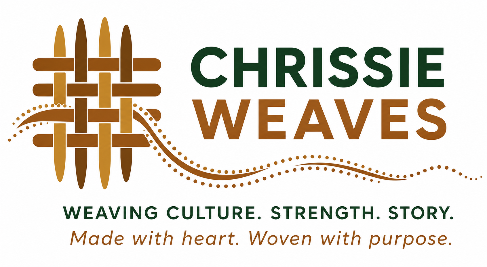 Logo for Chrissie Weaves with a woven textile design, the name 'Chrissie Weaves,' and the tagline 'Weaving culture. Strength. Story. Made with heart. Woven with purpose.'