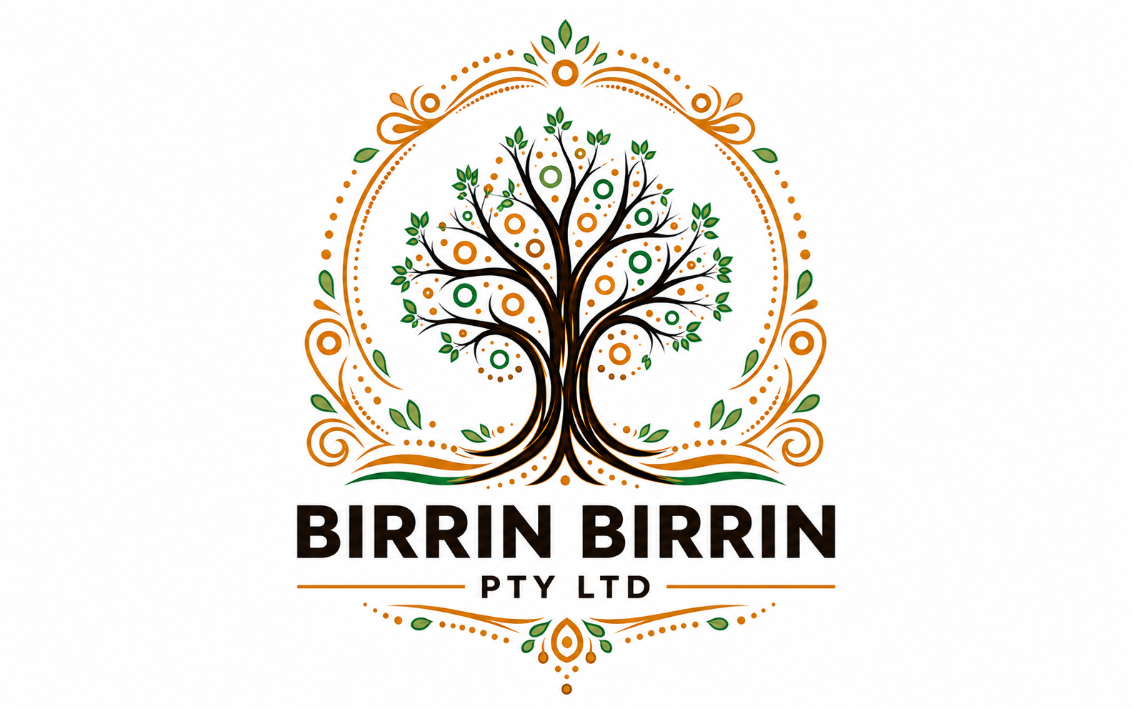 Decorative logo featuring a stylized tree with green leaves and black branches, surrounded by orange and green ornamental swirls, with the text 'BIRRIN BIRRIN PTY LTD' beneath.