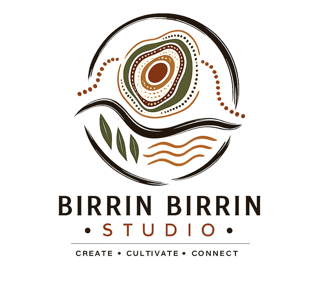 Abstract logo for Birrin Birrin Studio with the words 'Create, Cultivate, Connect' and a design resembling an eye or shell with earthy colors.