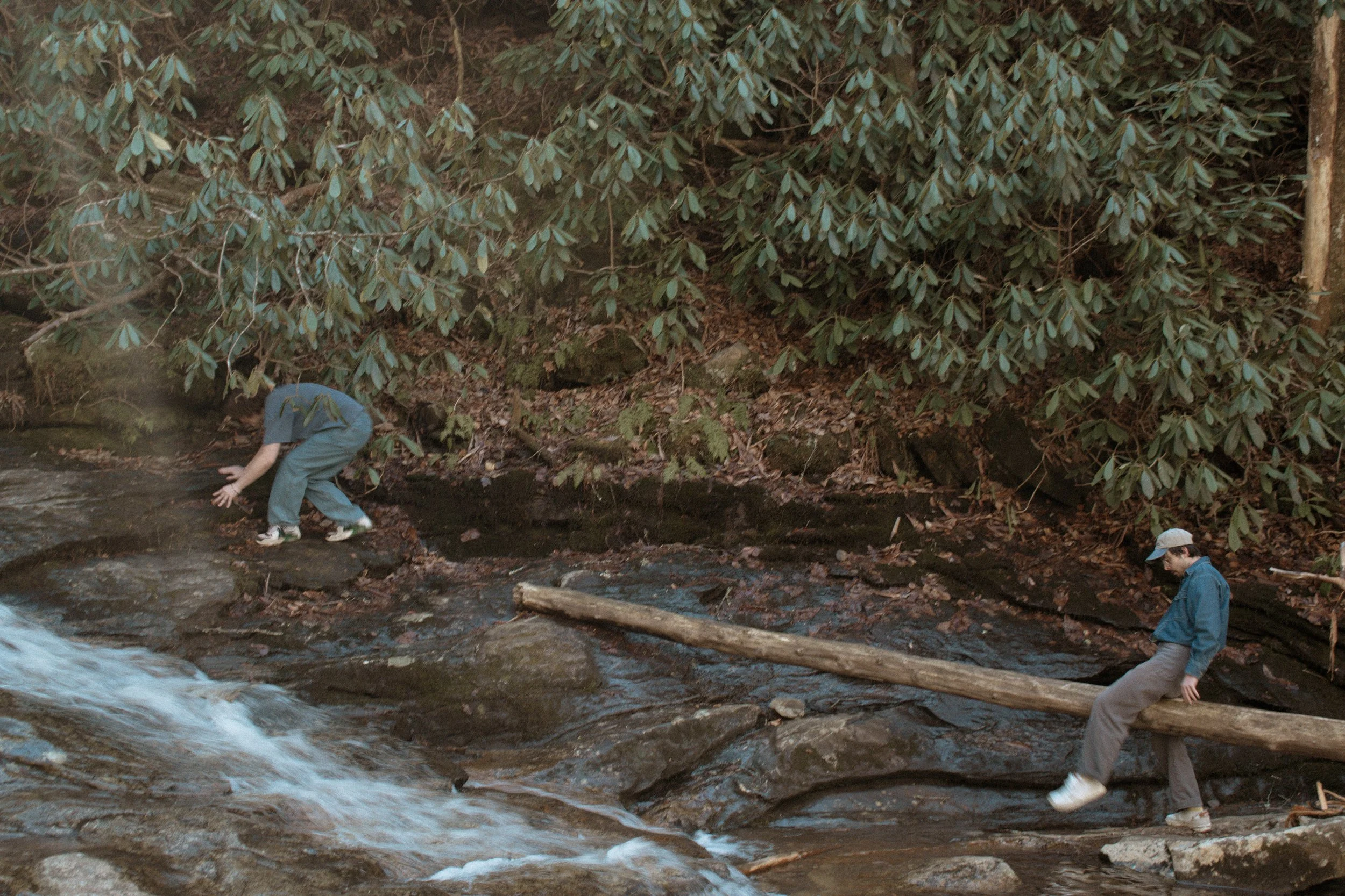 Two children playing on rocks in a stream, with large green bushes and trees in the background.
