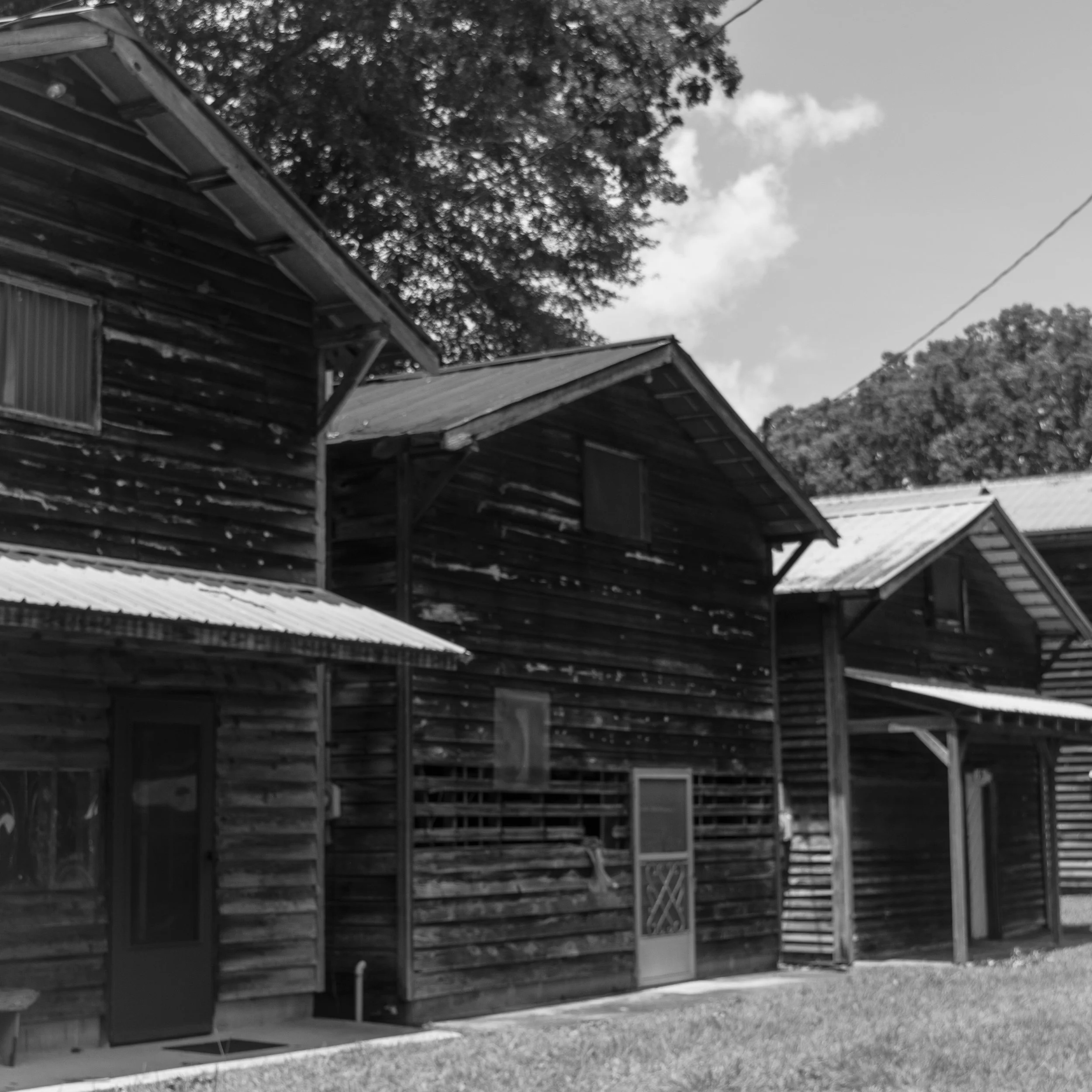Black and white photo of old wooden buildings with metal roofs, surrounded by grass and trees in the background.