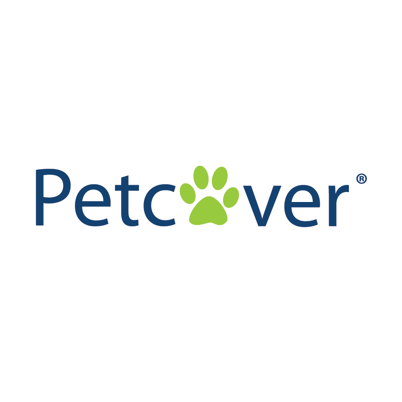 Petcover logo with blue text and a green paw print in the center.