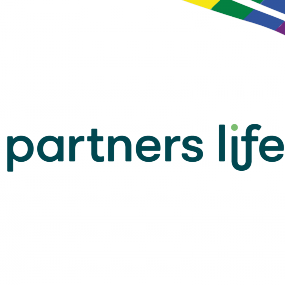 The logo for 'partners life' with a rainbow-colored band in the top right corner.