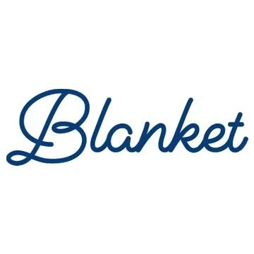 The word 'Blanket' written in blue cursive font on a white background.