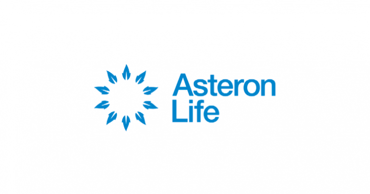 Asteron Life logo featuring a stylized sunburst symbol and the company name in blue text.
