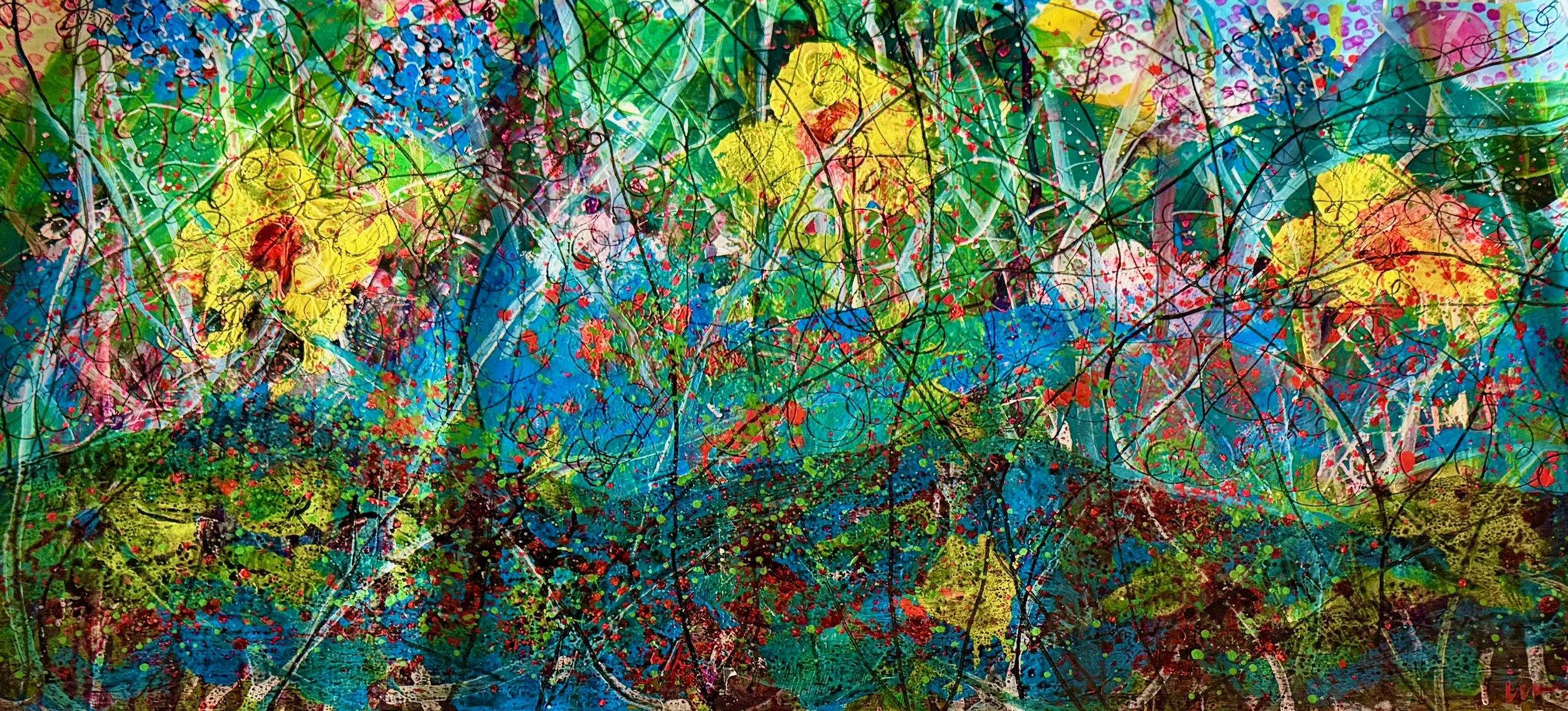 An abstract painting with vibrant colors including green, yellow, blue, red, and purple, featuring splatters, drips, and swirling lines.