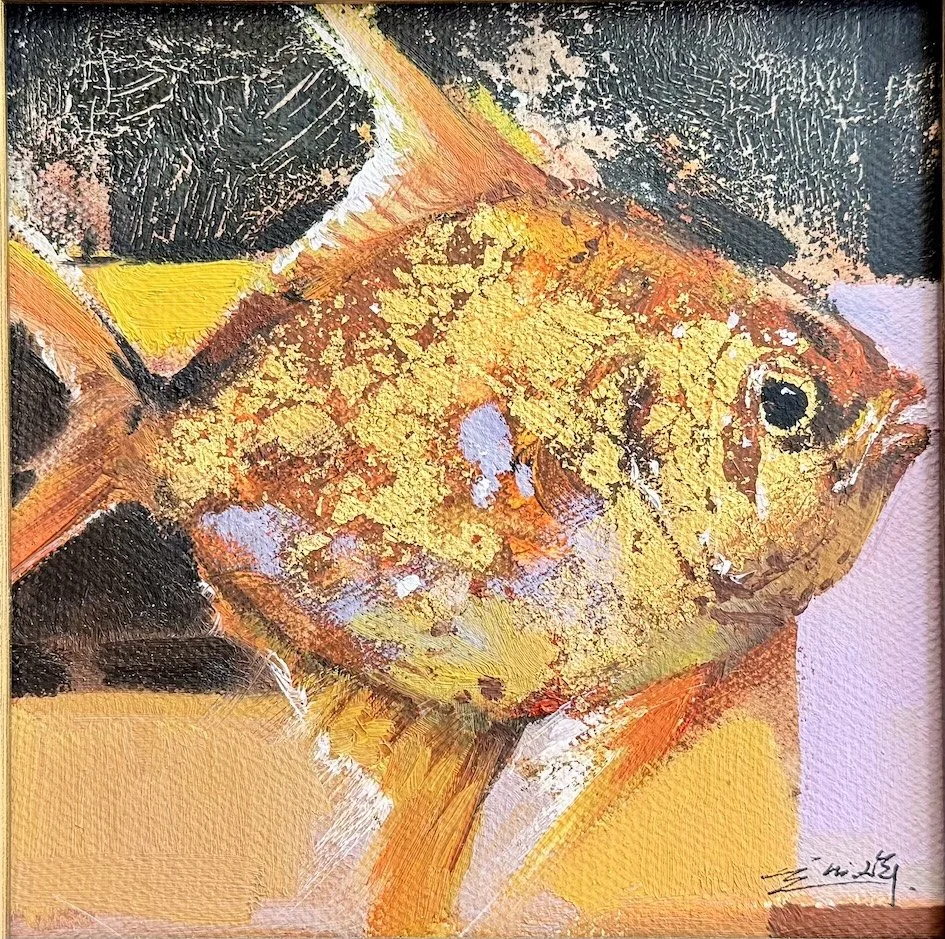 A colorful painting of a fish with a yellow and orange body, dark eye, and textured scales, against an abstract background of various black, yellow, purple, and peach shapes.