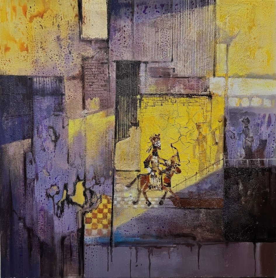 Abstract painting of a figure riding a horse, with vibrant yellow, purple, and dark tones, and textured brushstrokes.