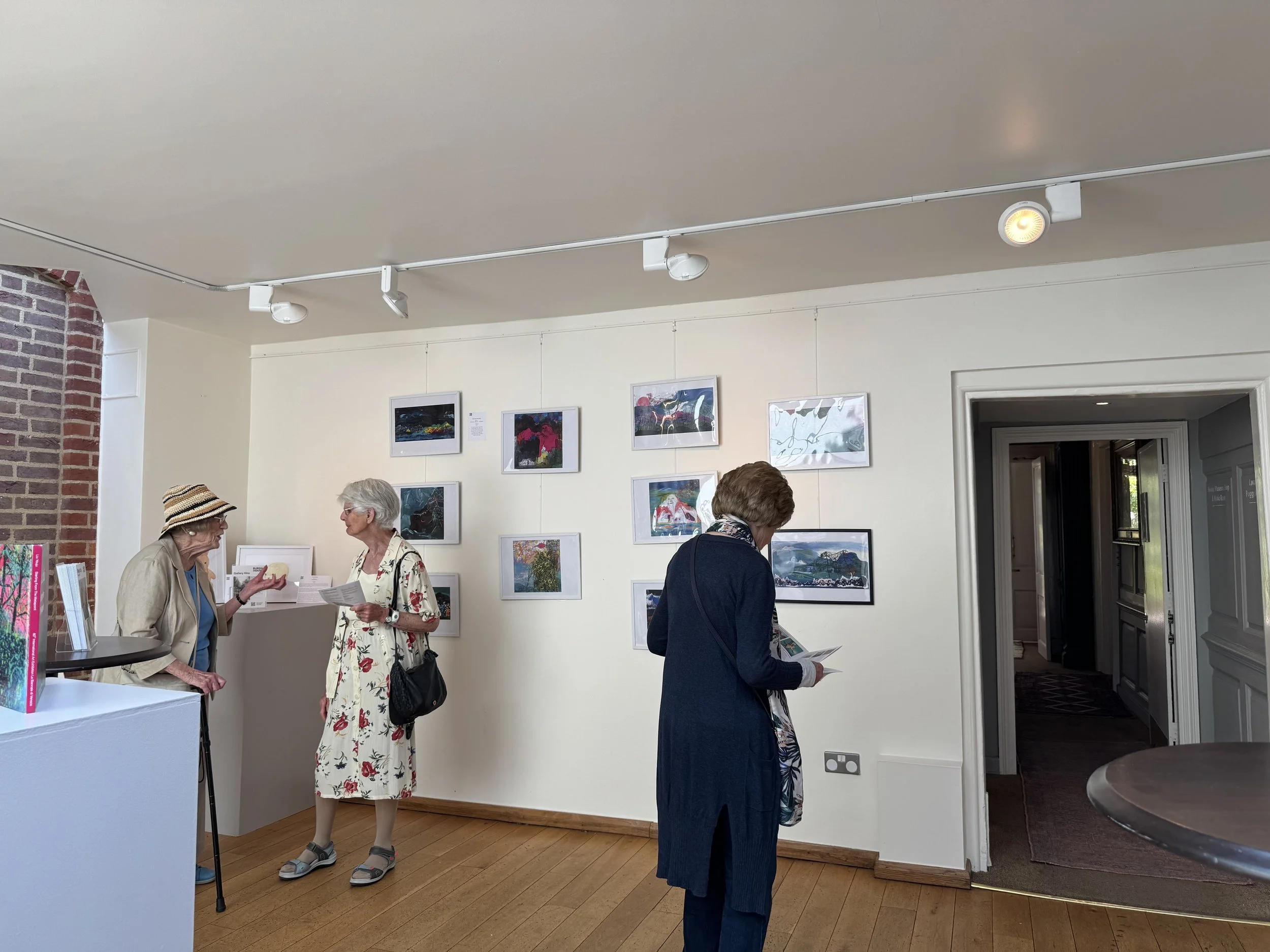 The image shows an art gallery with several framed artworks displayed on the wall. There are four elderly women engaging in conversation and viewing the artwork. The gallery has a white ceiling with track lighting and a brick wall on the left side.