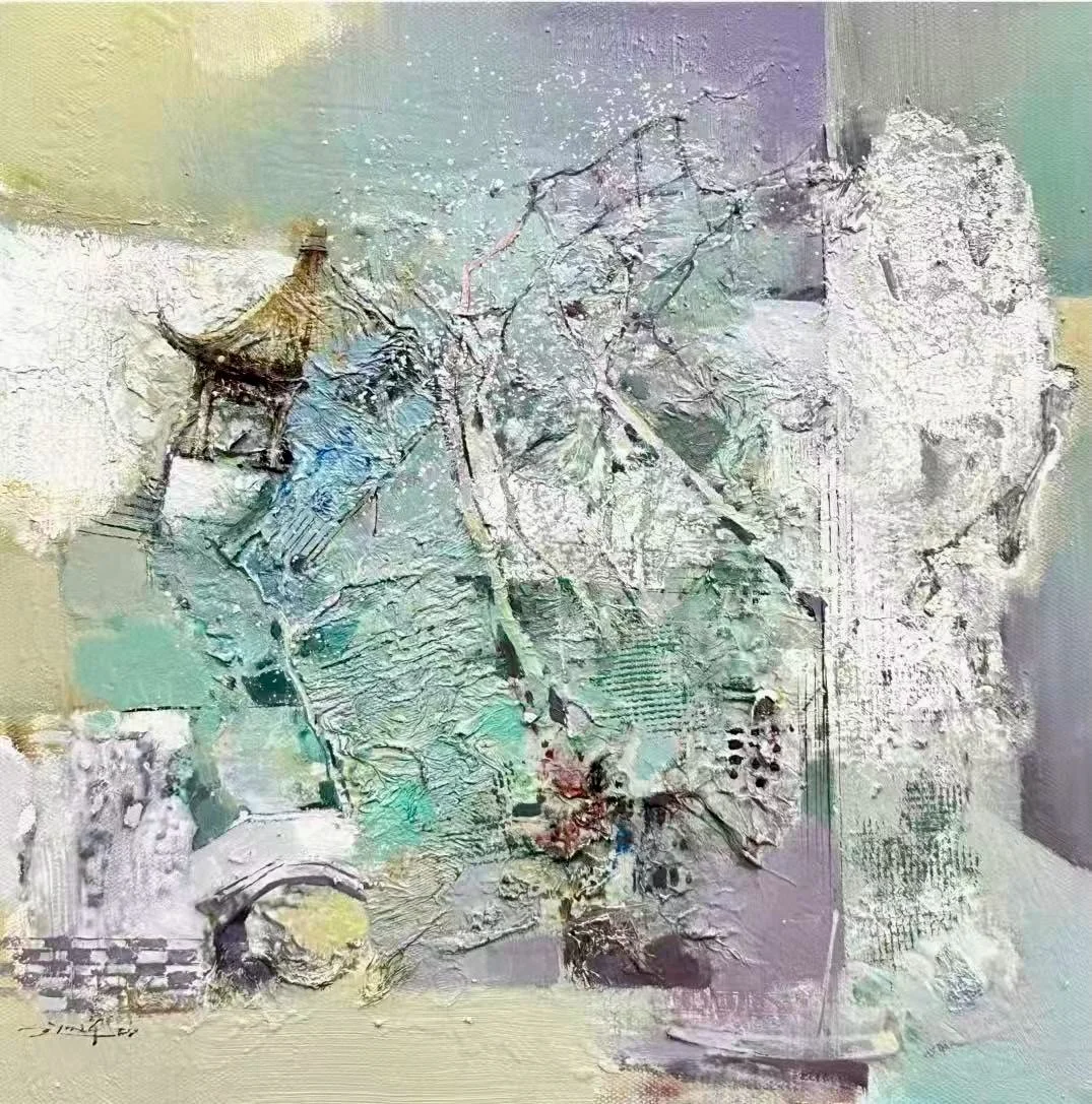 Abstract painting with textured layers of pastel colors, a pagoda, branches, and floral elements.