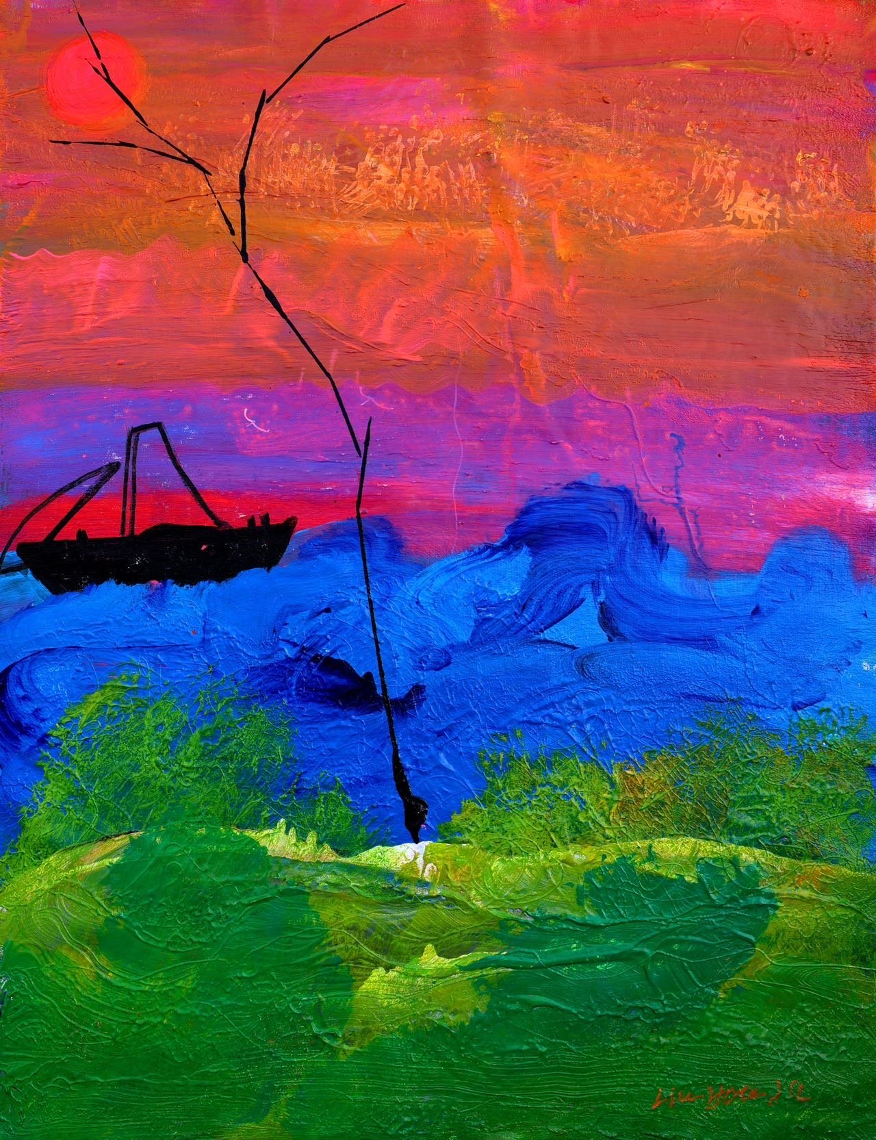 An abstract painting of a sailboat on the water during sunset, with a vibrant orange and pink sky, blue waves, and green foreground.