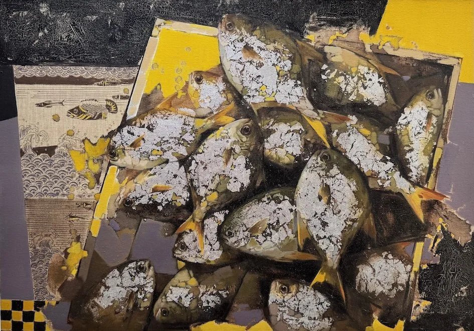 A crate filled with fish, with a damaged paint effect creating a collage-like appearance.